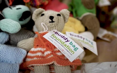 Knitted bear for the Buddy Bag Foundation