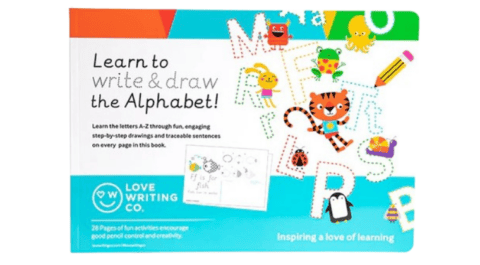 Children's alphabet learning book with colorful animated characters, featuring step-by-step drawing guides and traceable sentences. Cover text reads: "Learn to write and draw the alphabet"